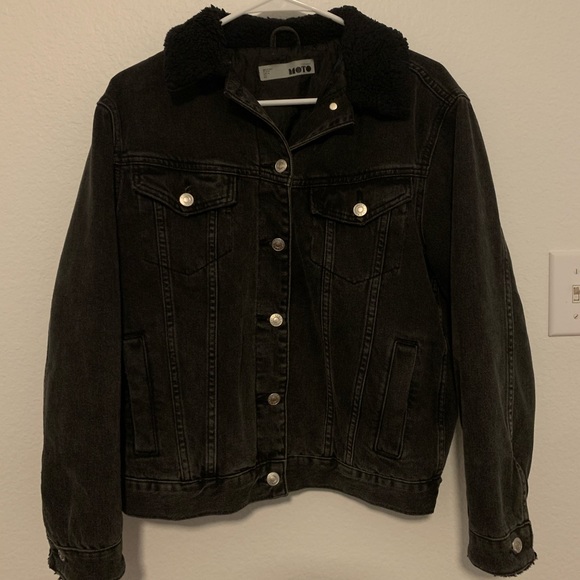 topshop black denim jacket with fur